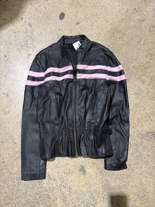 Womens Leather Biker Jacket - Black /Pink Size Medium
