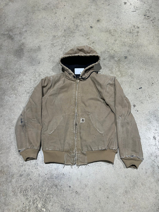 Distressed Carharttt Hooded Jacket - Faded Khaki Size Medium
