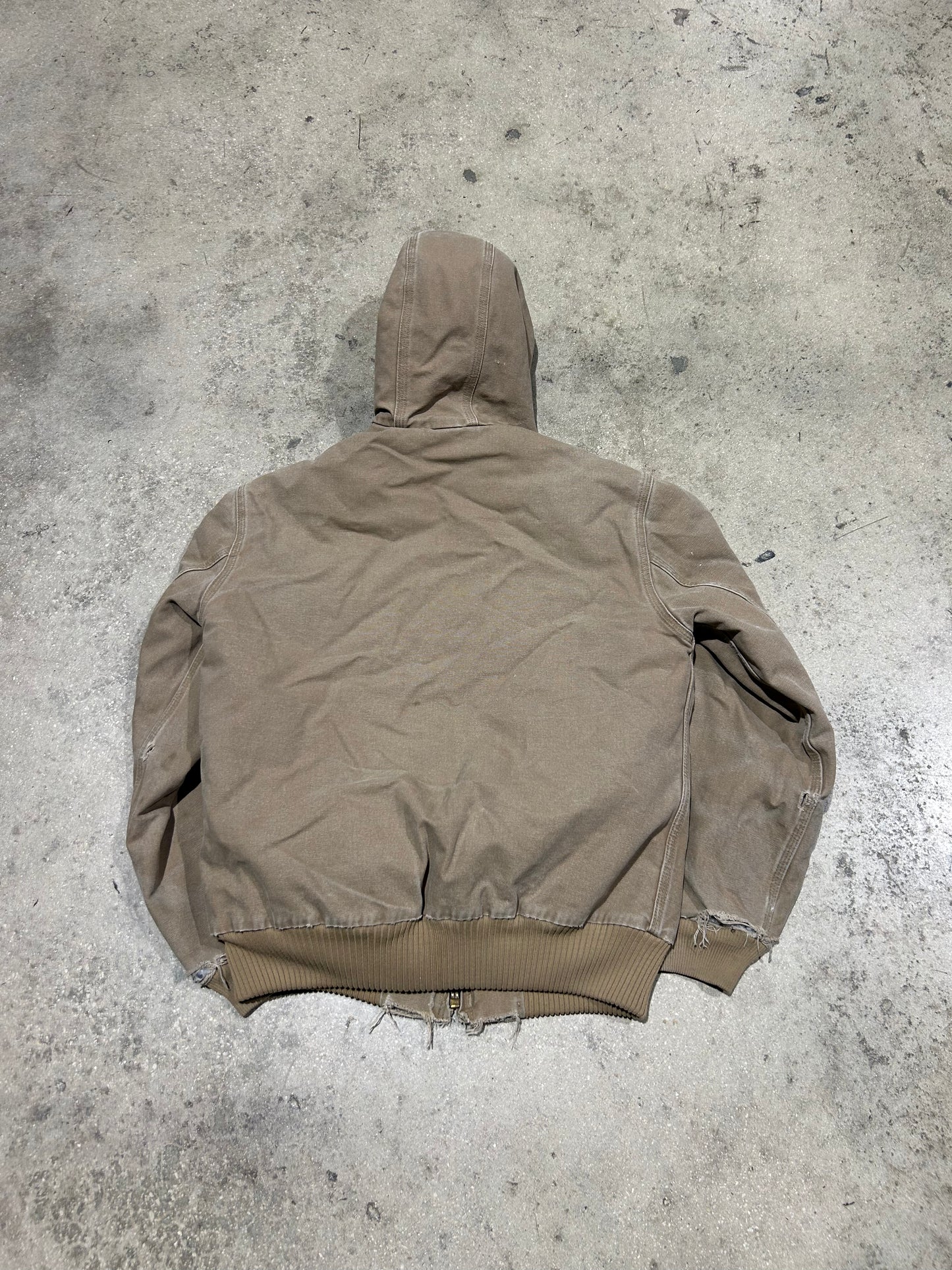 Distressed Carharttt Hooded Jacket - Faded Khaki Size Medium