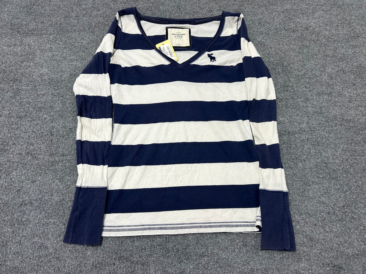 WMNS Abercombie Stripped LongSleeve V Neck Tee - Navy/White size Large