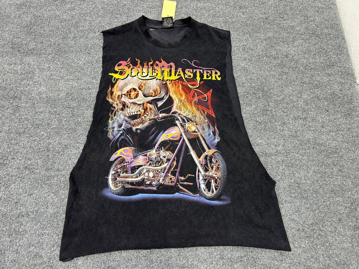 Soul Master Skull & Motorcycle Cut Off Tee - Black Size XL